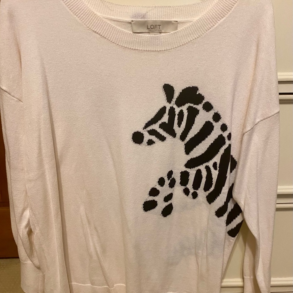 LOFT Women's Cream Sweater with Black Zebra Design SZ M
